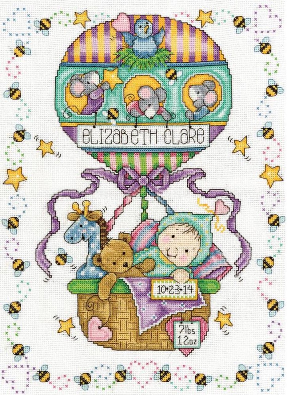 DIY Tobin Balloon Ride Baby Birth Record Gift Counted Cross Stitch Kit 11x14
